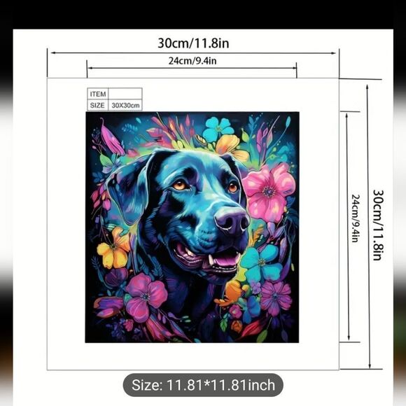 Diamond Painting Kit, Black Labrador retriever dog, floral, measures 30… - Picture 1 of 4